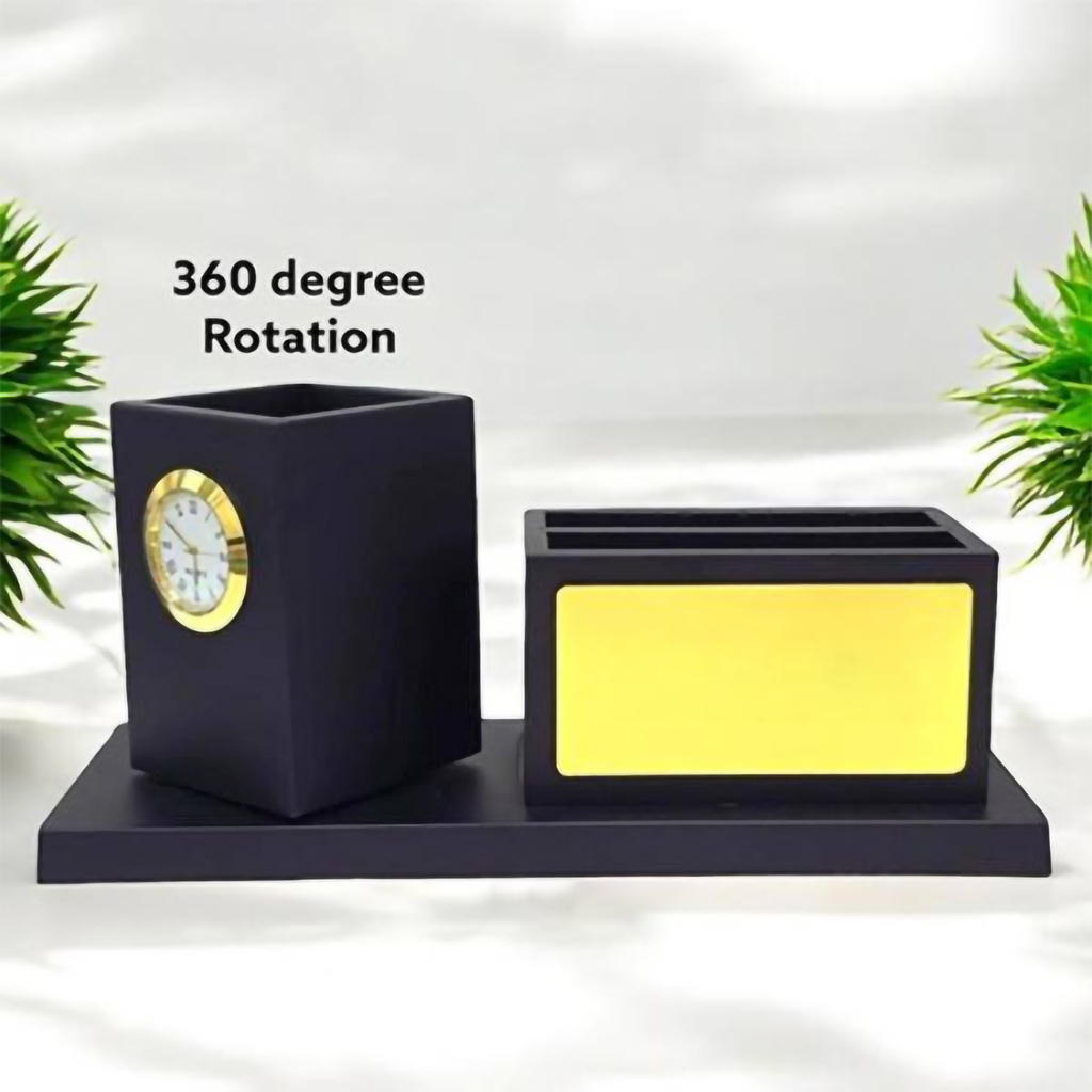 360° Rotating Wooden Desk Organizer with Analog Clock & Pen Stand
