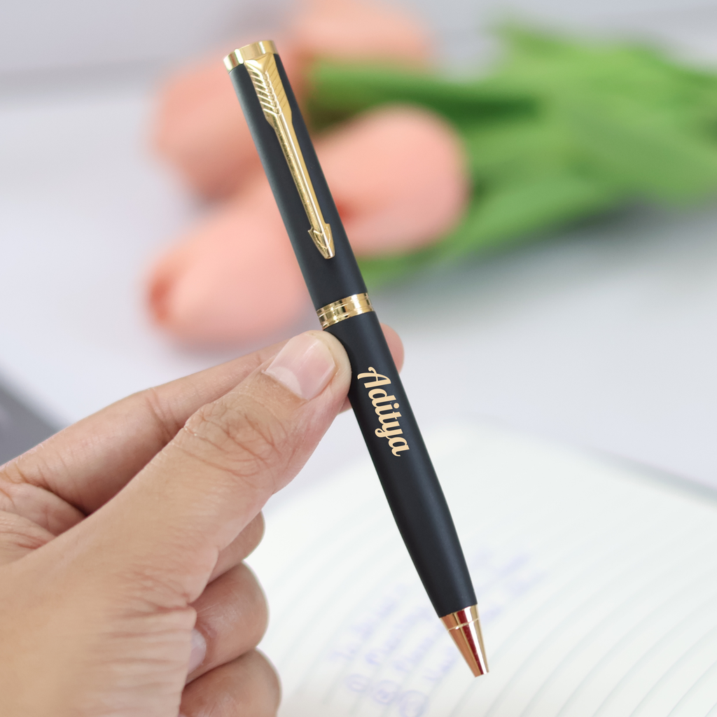 Personalised matte finish ball pen – Black colour – laser engraved name & logo