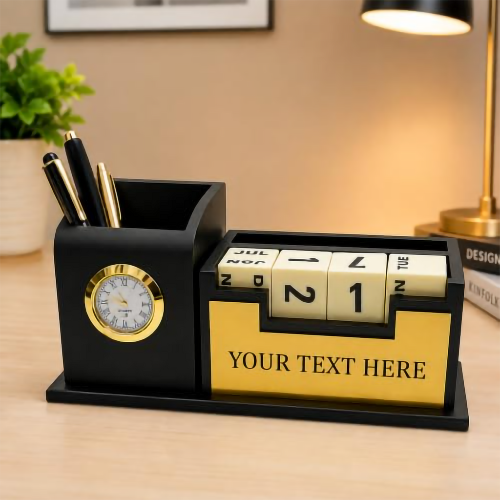 Premium Black & Gold Wooden Perpetual Calendar Desk Organizer with Clock