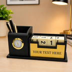 Premium Black & Gold Wooden Perpetual Calendar Desk Organizer with Clock