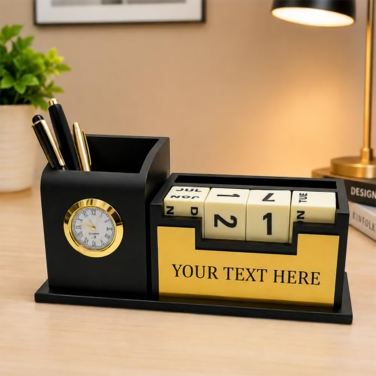 Premium Black & Gold Wooden Perpetual Calendar Desk Organizer with Clock