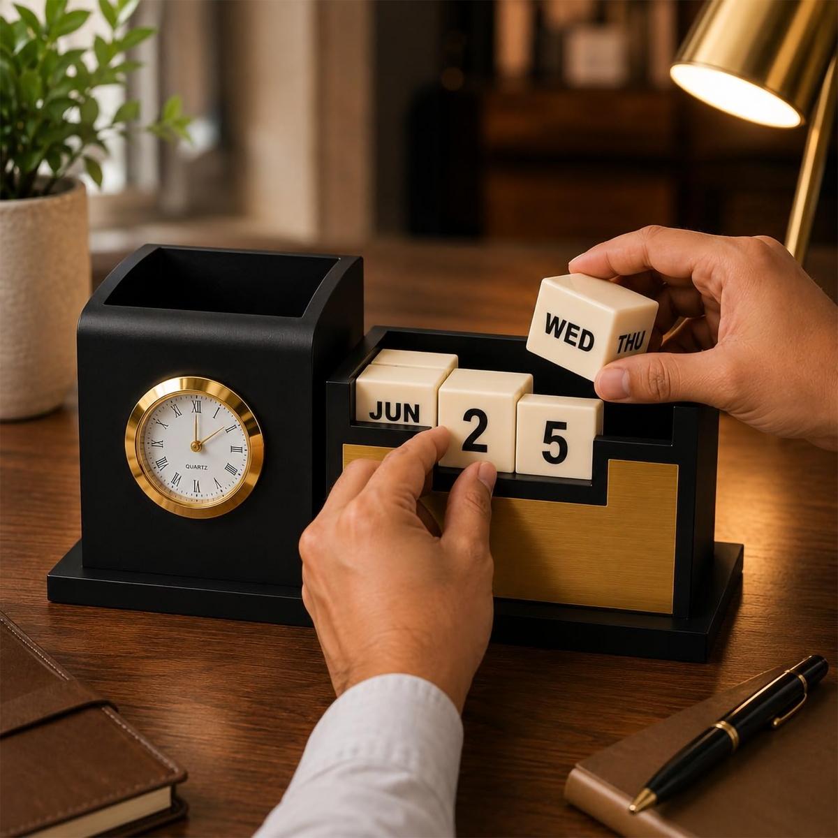 Premium Black & Gold Wooden Perpetual Calendar Desk Organizer with Clock