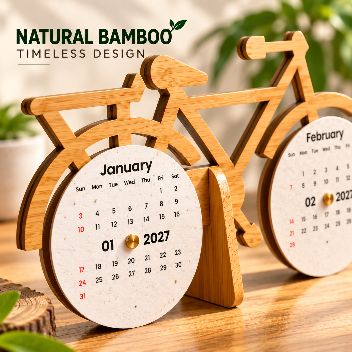 Bamboo Bicycle Perpetual Calendar with Plantable Seed Paper – Eco-Friendly Corporate Gift