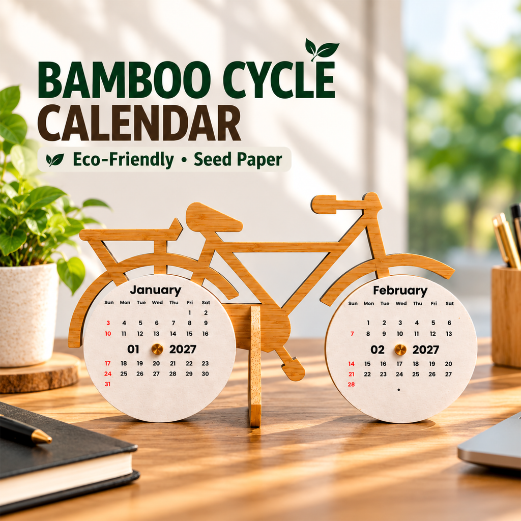 Bamboo Bicycle Perpetual Calendar with Plantable Seed Paper – Eco-Friendly Corporate Gift