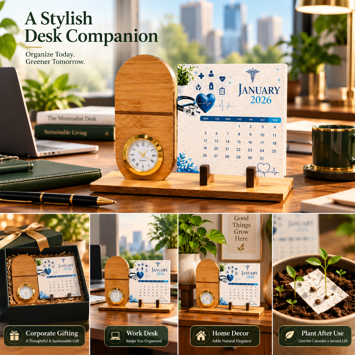 Bamboo Capsule-Shaped Clock with Seed Paper Calendar | Sustainable Corporate Gift
