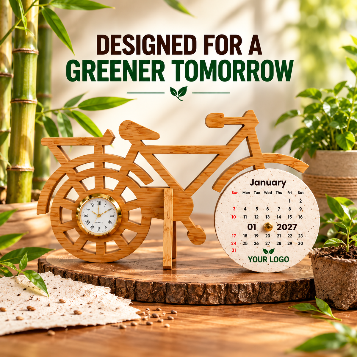 Bamboo Cycle Calendar & Watch with Seed Paper – Sustainable Corporate Gift