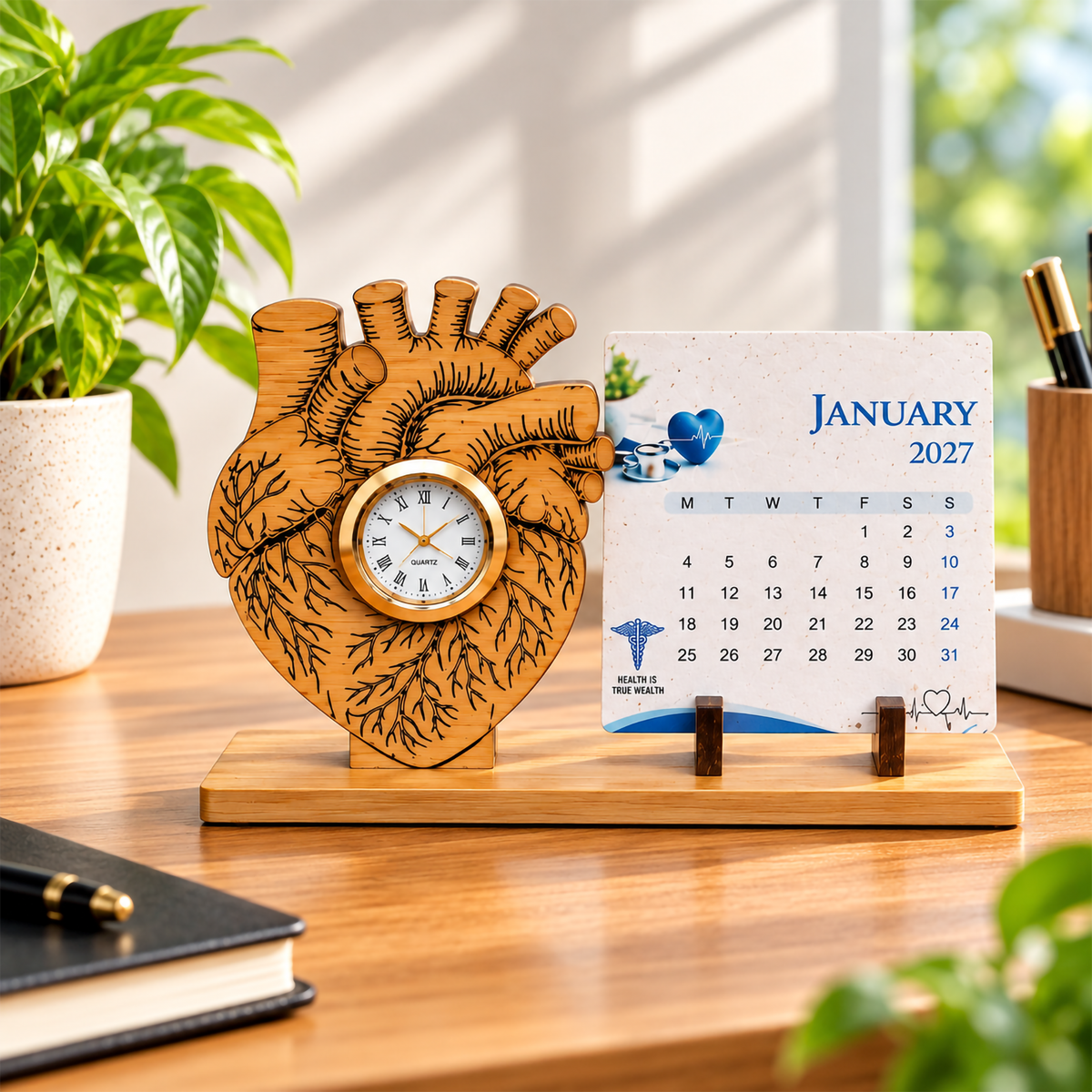 Bamboo Heart-Shaped Watch with Seed Paper Calendar | Sustainable Corporate Gift