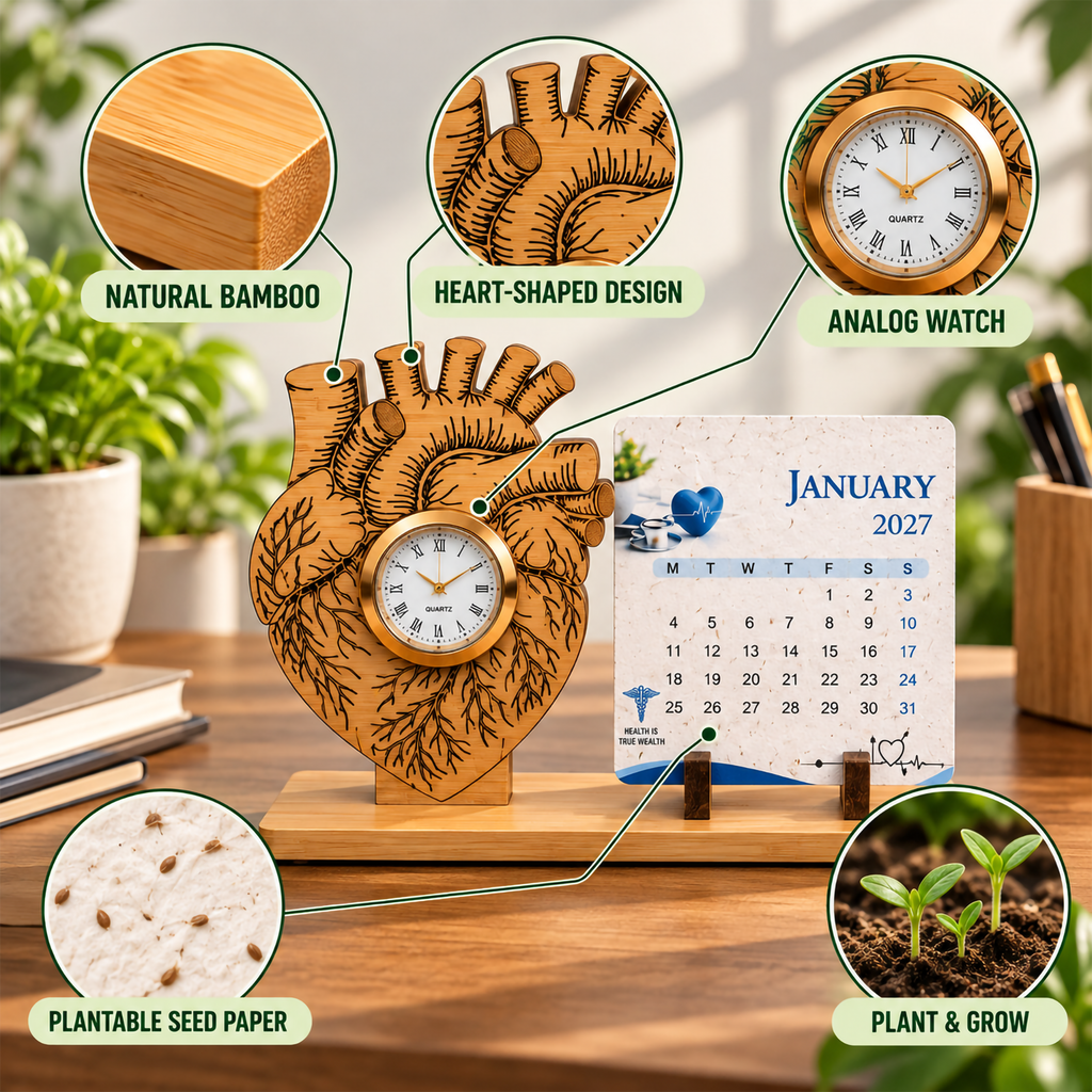 Bamboo Heart-Shaped Watch with Seed Paper Calendar | Sustainable Corporate Gift