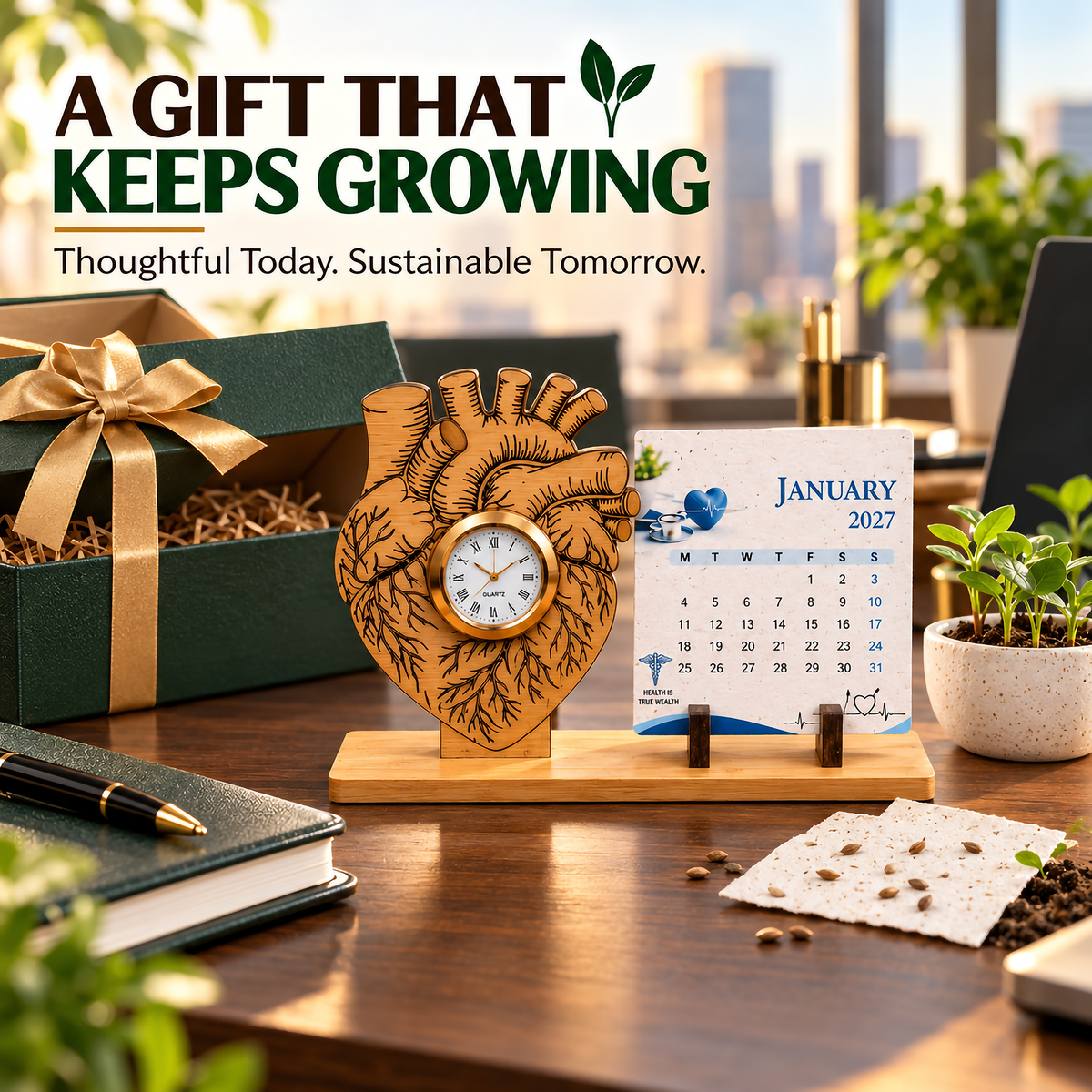 Bamboo Heart-Shaped Watch with Seed Paper Calendar | Sustainable Corporate Gift