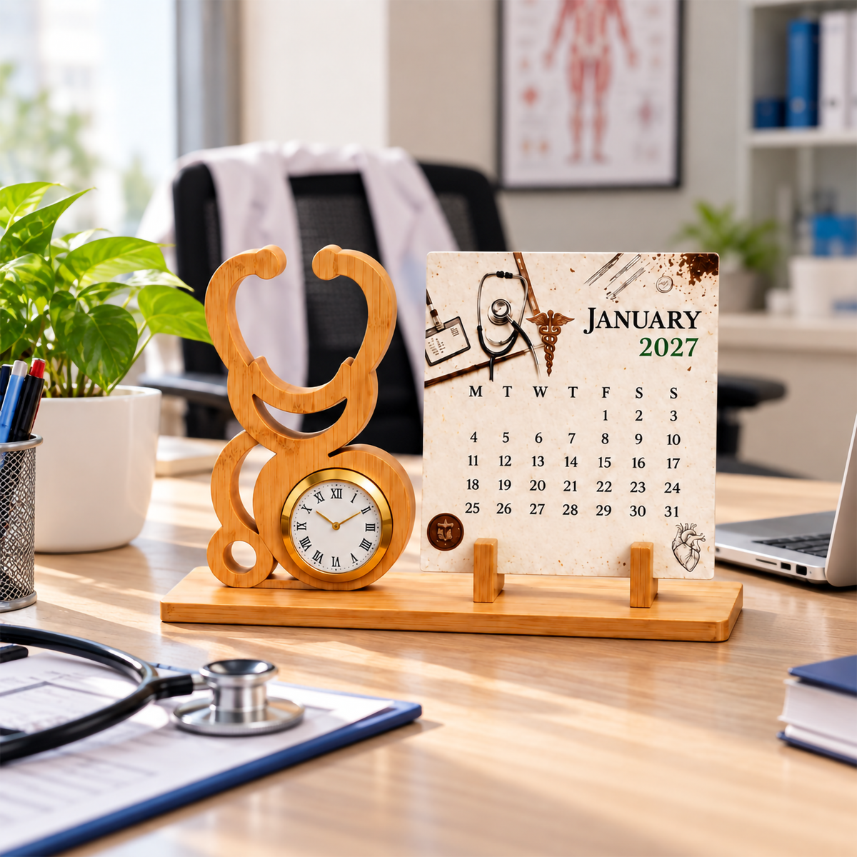 Bamboo Stethoscope Desk Watch with Seed Paper Calendar – Medical & Healthcare Gift