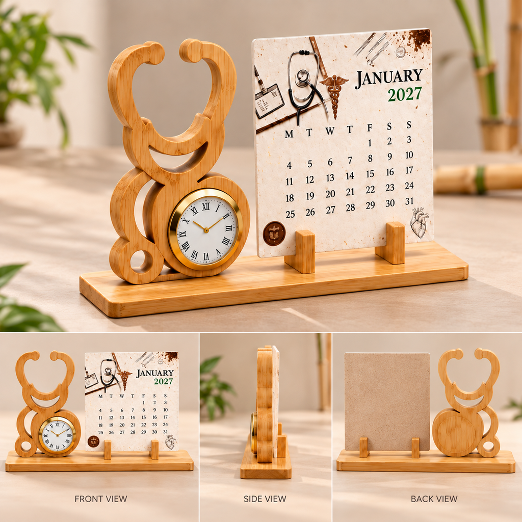Bamboo Stethoscope Desk Watch with Seed Paper Calendar – Medical & Healthcare Gift