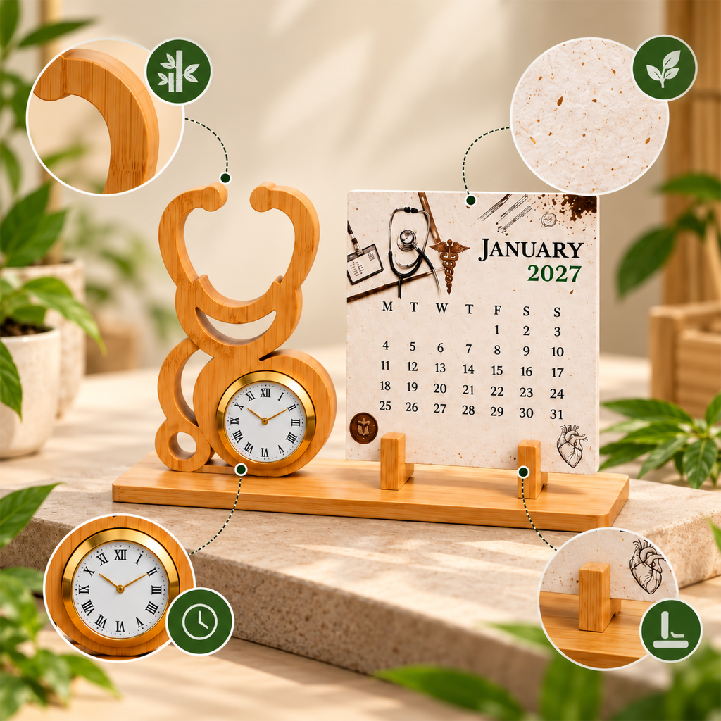 Bamboo Stethoscope Desk Watch with Seed Paper Calendar – Medical & Healthcare Gift