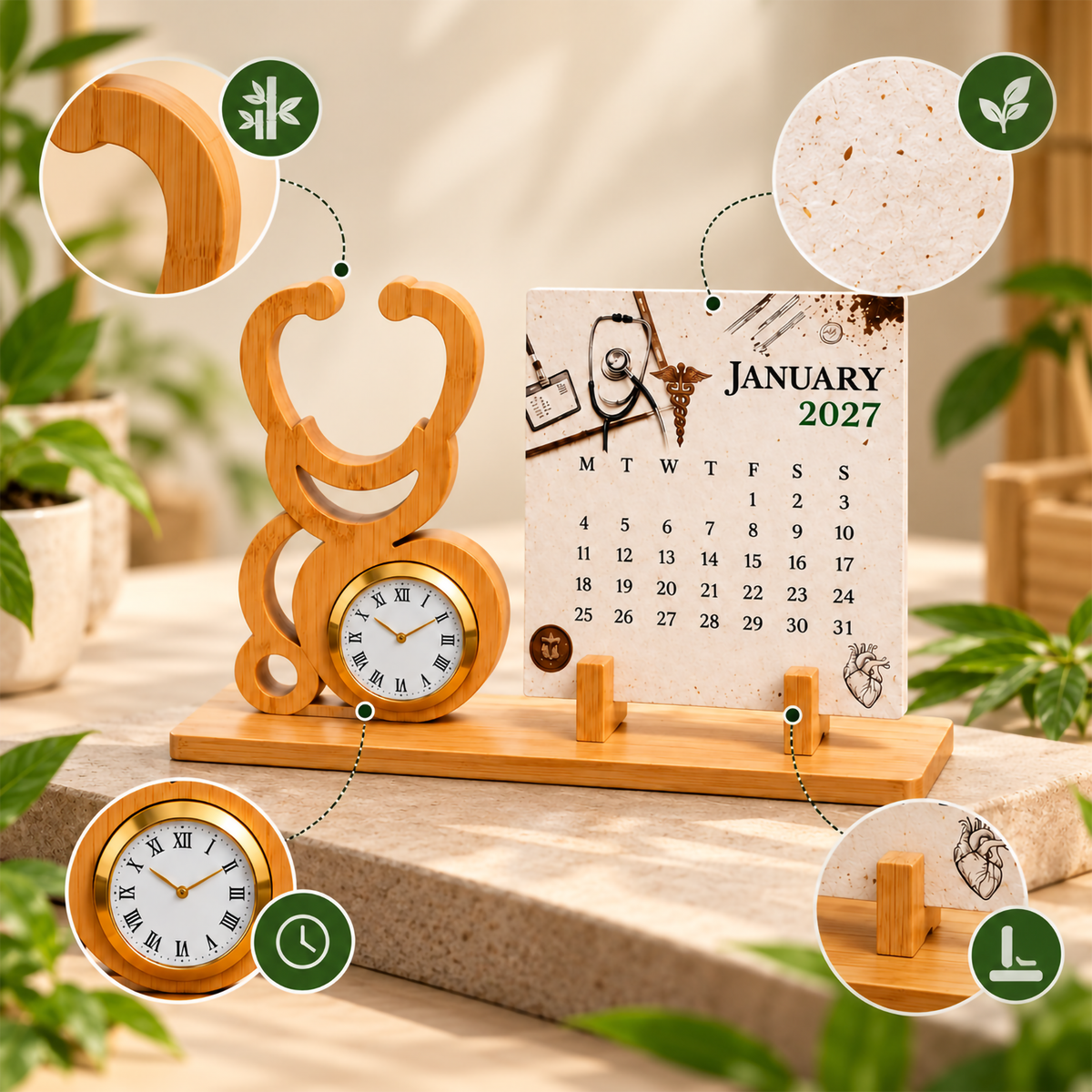 Bamboo Stethoscope Desk Watch with Seed Paper Calendar – Medical & Healthcare Gift
