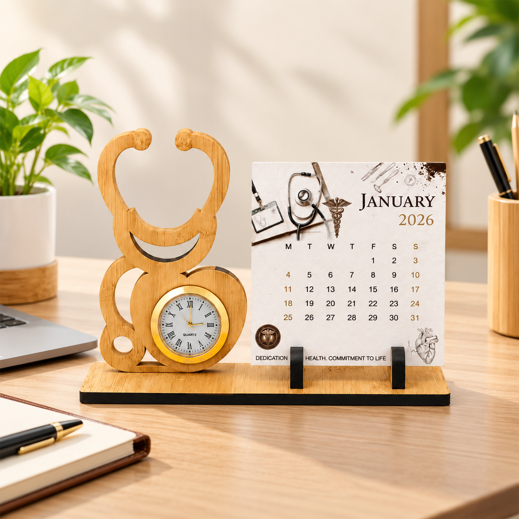 Bamboo Stethoscope Desk Watch with Seed Paper Calendar – Medical & Healthcare Gift