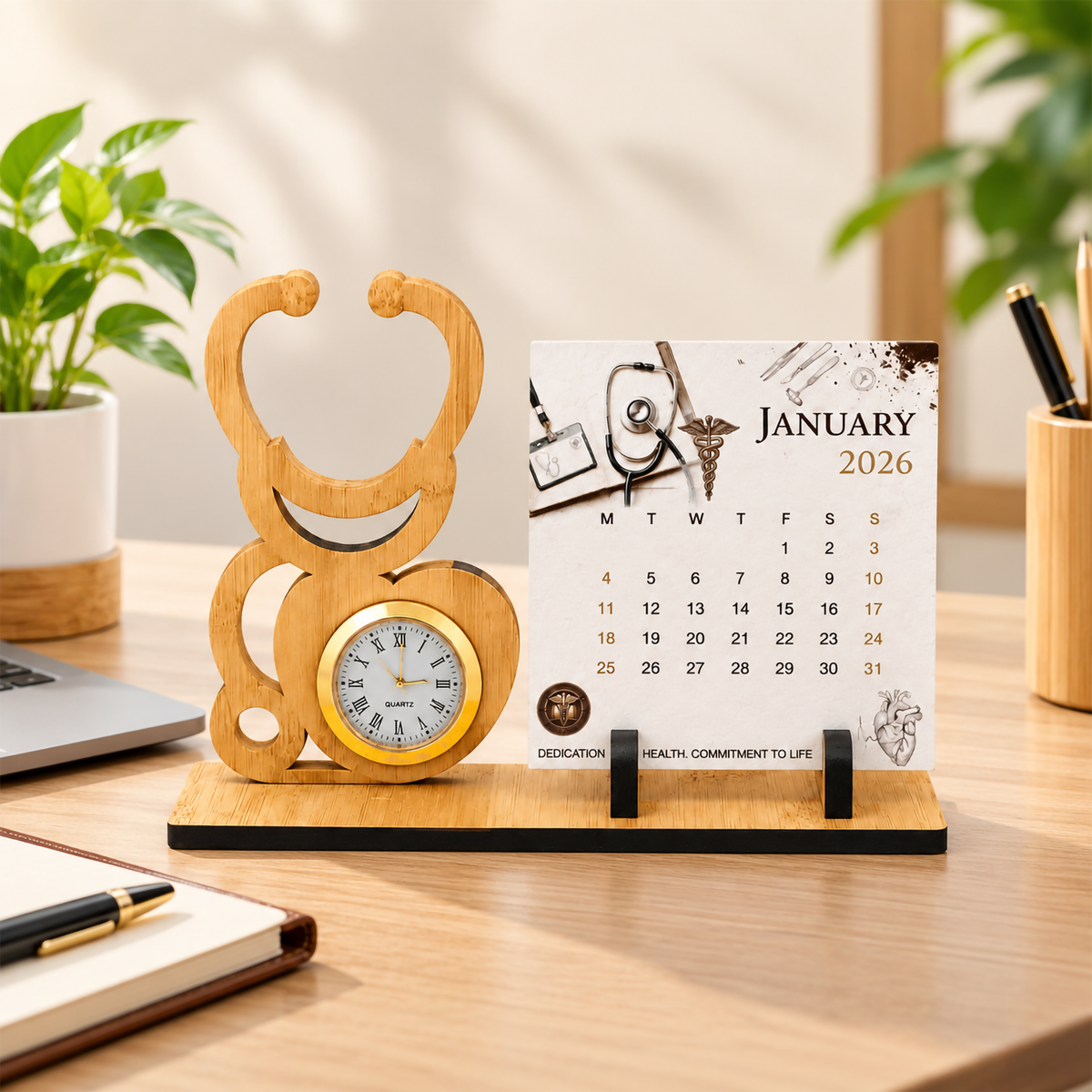 Bamboo Stethoscope Desk Watch with Seed Paper Calendar – Medical & Healthcare Gift