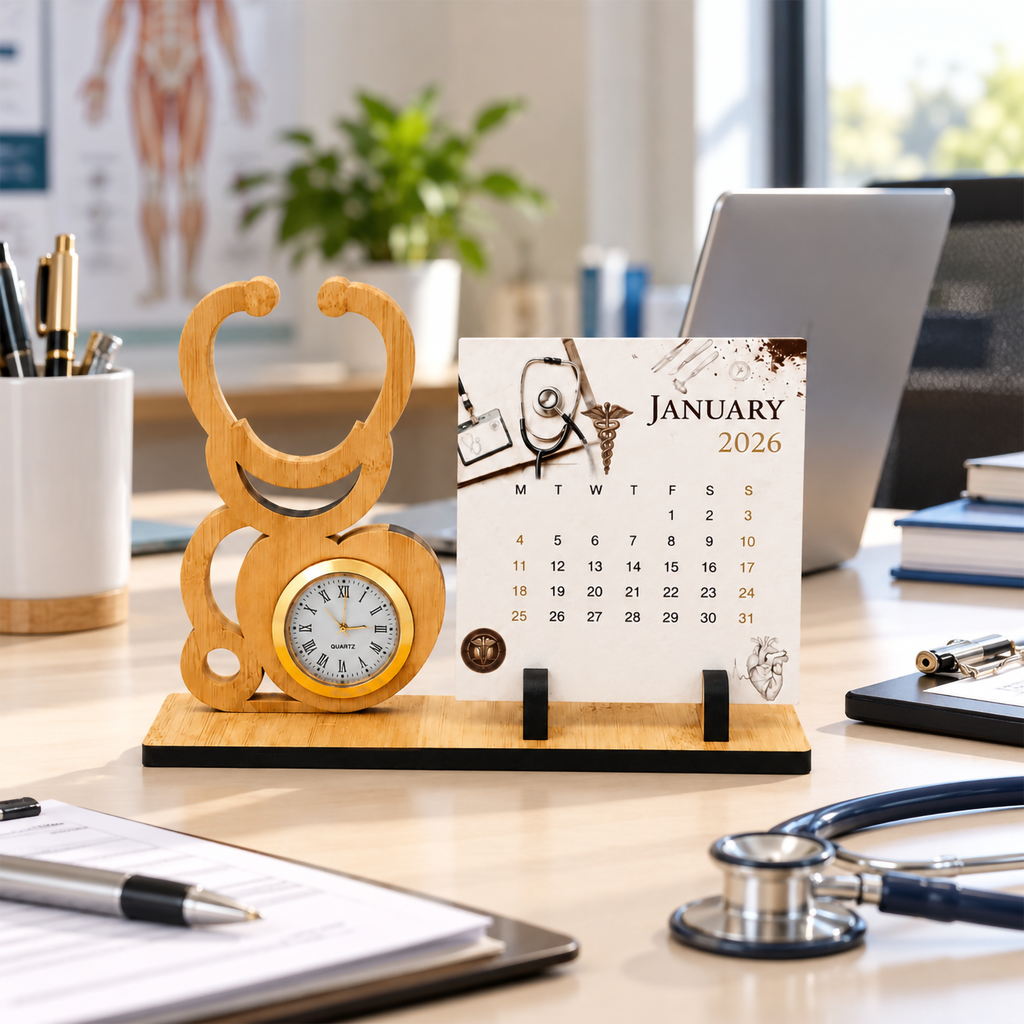 Bamboo Stethoscope Desk Watch with Seed Paper Calendar – Medical & Healthcare Gift