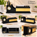 Black & Gold Curved Wooden Desk Organizer with Clock