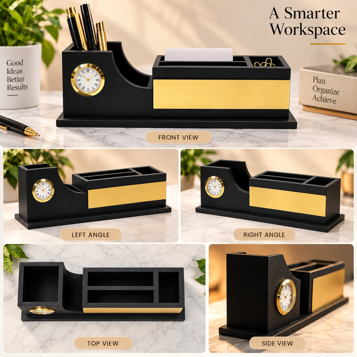 Black & Gold Curved Wooden Desk Organizer with Clock