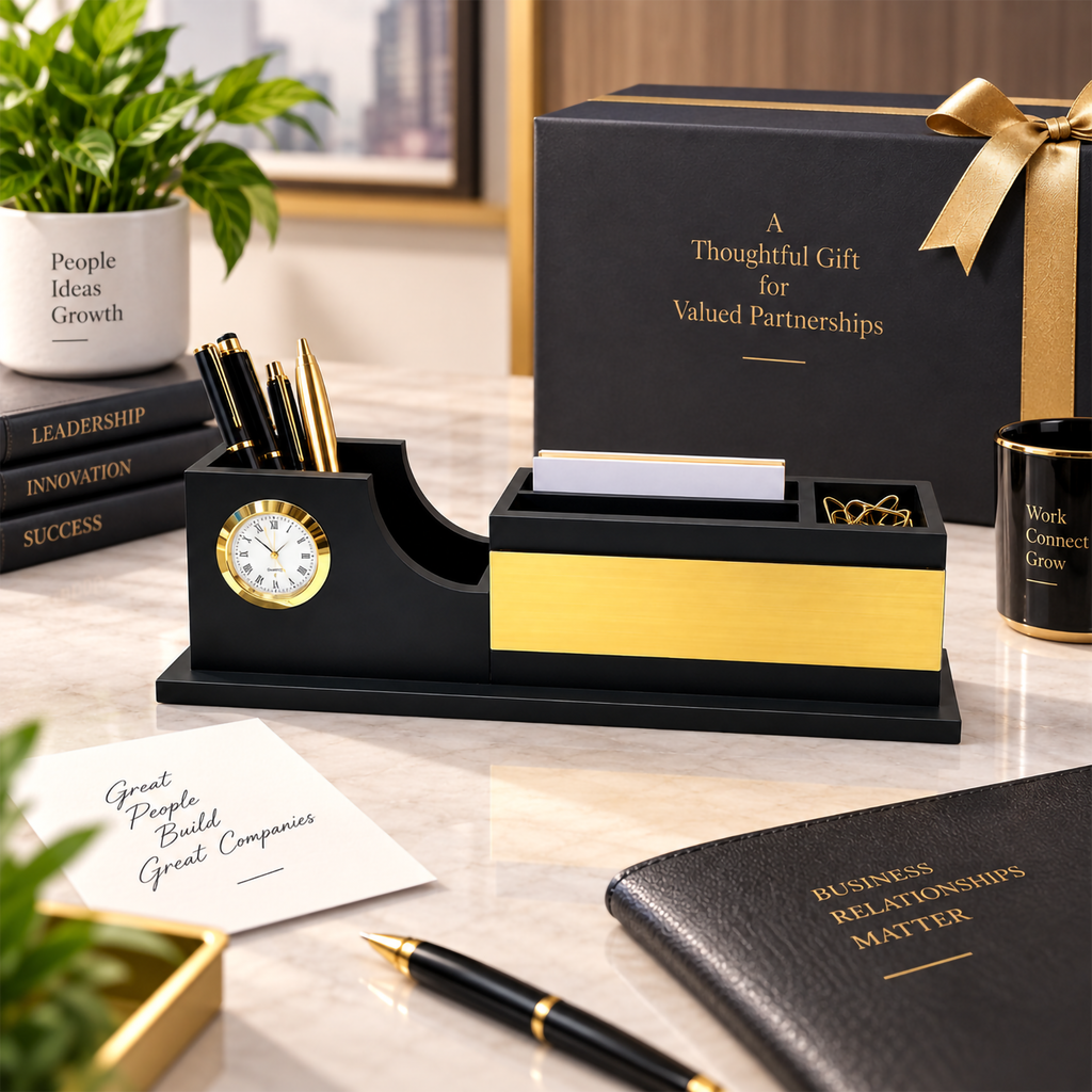 Black & Gold Curved Wooden Desk Organizer with Clock