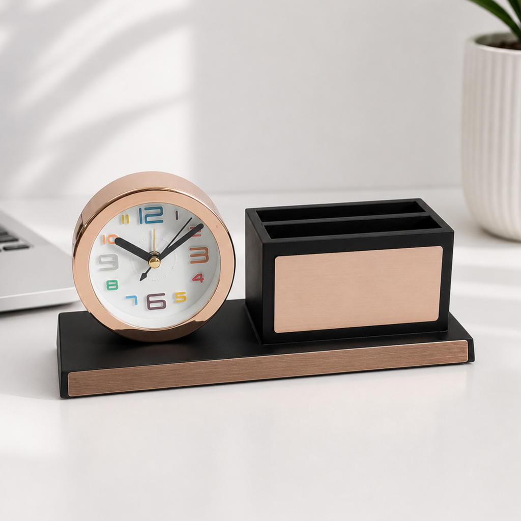 Personalized Executive Rose Gold Desk Clock Stand for Corporate Gifting