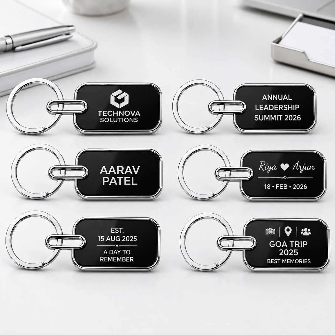 Set of personalized keychains with engraved text on a desk with office supplies.