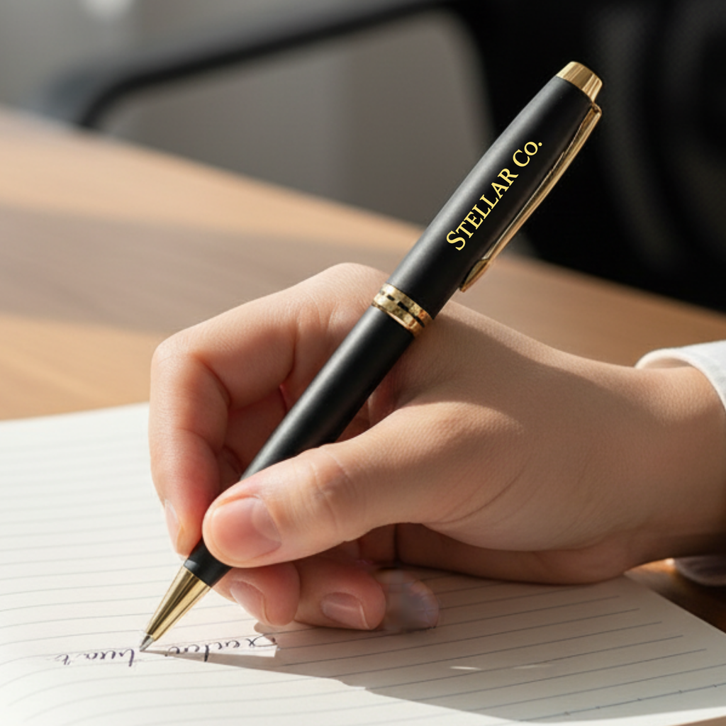 Gold engraving closeup – premium metal pen – personalised corporate gift