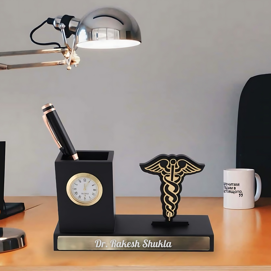 Personalized Doctor Desk Organizer with Clock & Pen Stand | Corporate Gift