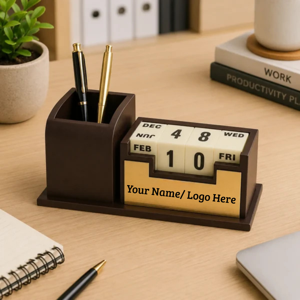 Rich Brown Wooden Perpetual Calendar Desk Organizer with Pen Holder