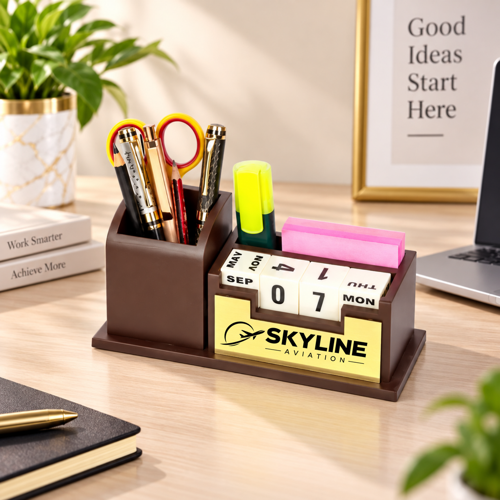 Rich Brown Wooden Perpetual Calendar Desk Organizer with Pen Holder