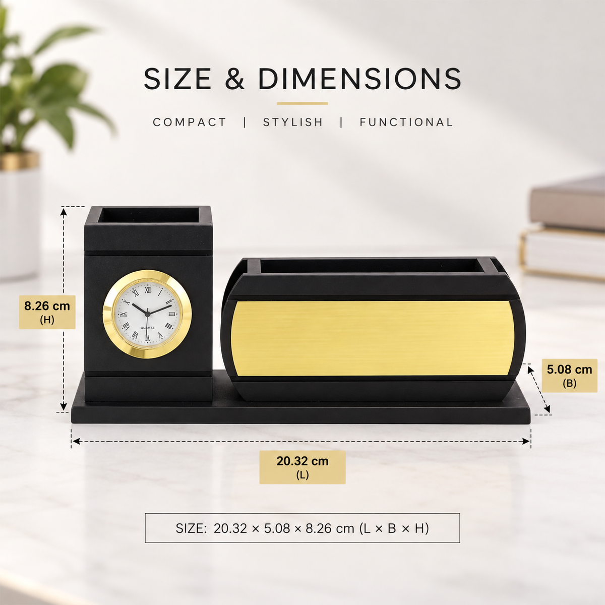 Personalized Curved-Front Black & Gold Wooden Desk Organizer with Analog Clock & Pen Holder