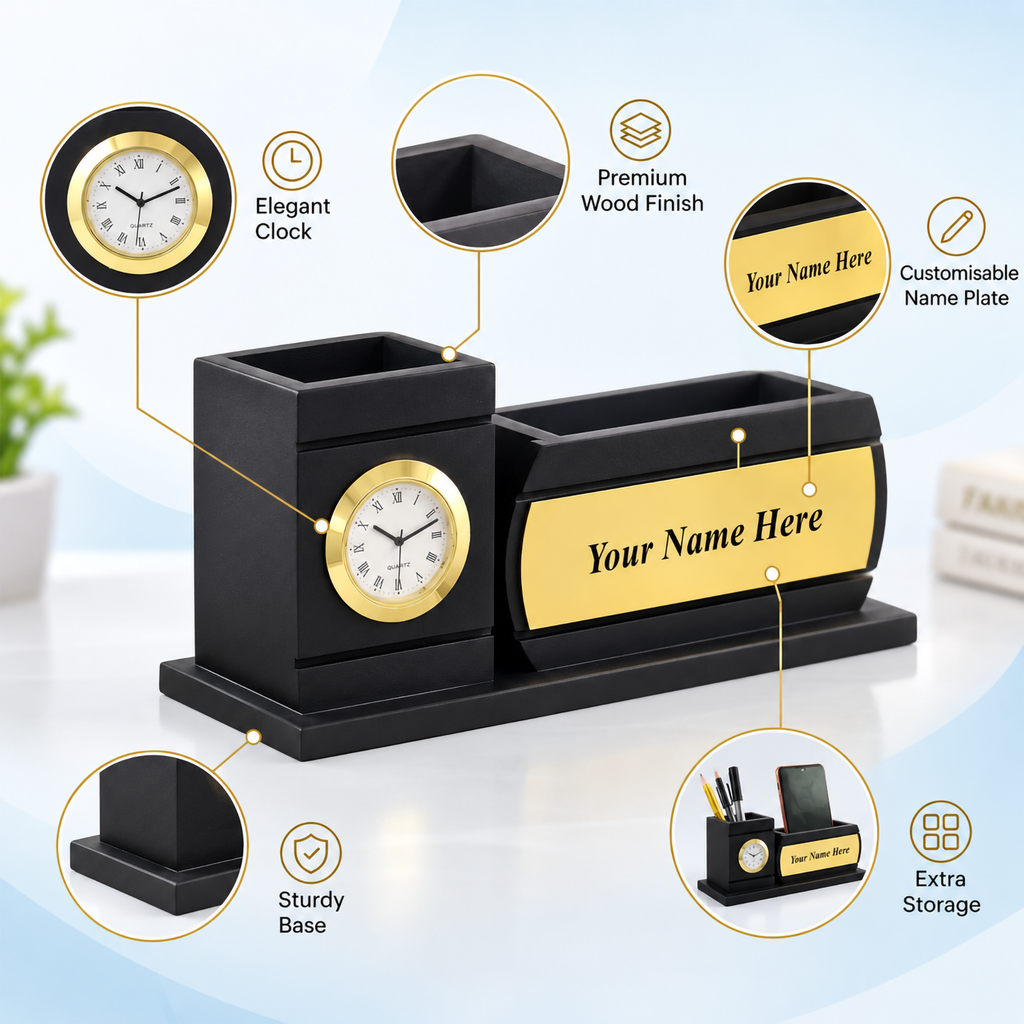 Personalized Curved-Front Black & Gold Wooden Desk Organizer with Analog Clock & Pen Holder