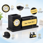 Personalized Curved-Front Black & Gold Wooden Desk Organizer with Analog Clock & Pen Holder