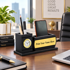 Personalized Curved-Front Black & Gold Wooden Desk Organizer with Analog Clock & Pen Holder
