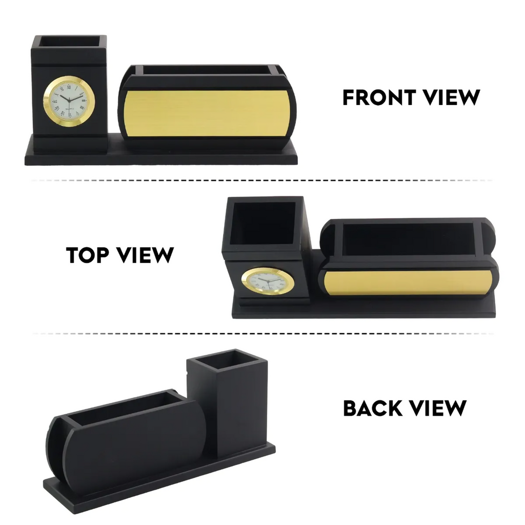 Personalized Curved-Front Black & Gold Wooden Desk Organizer with Analog Clock & Pen Holder