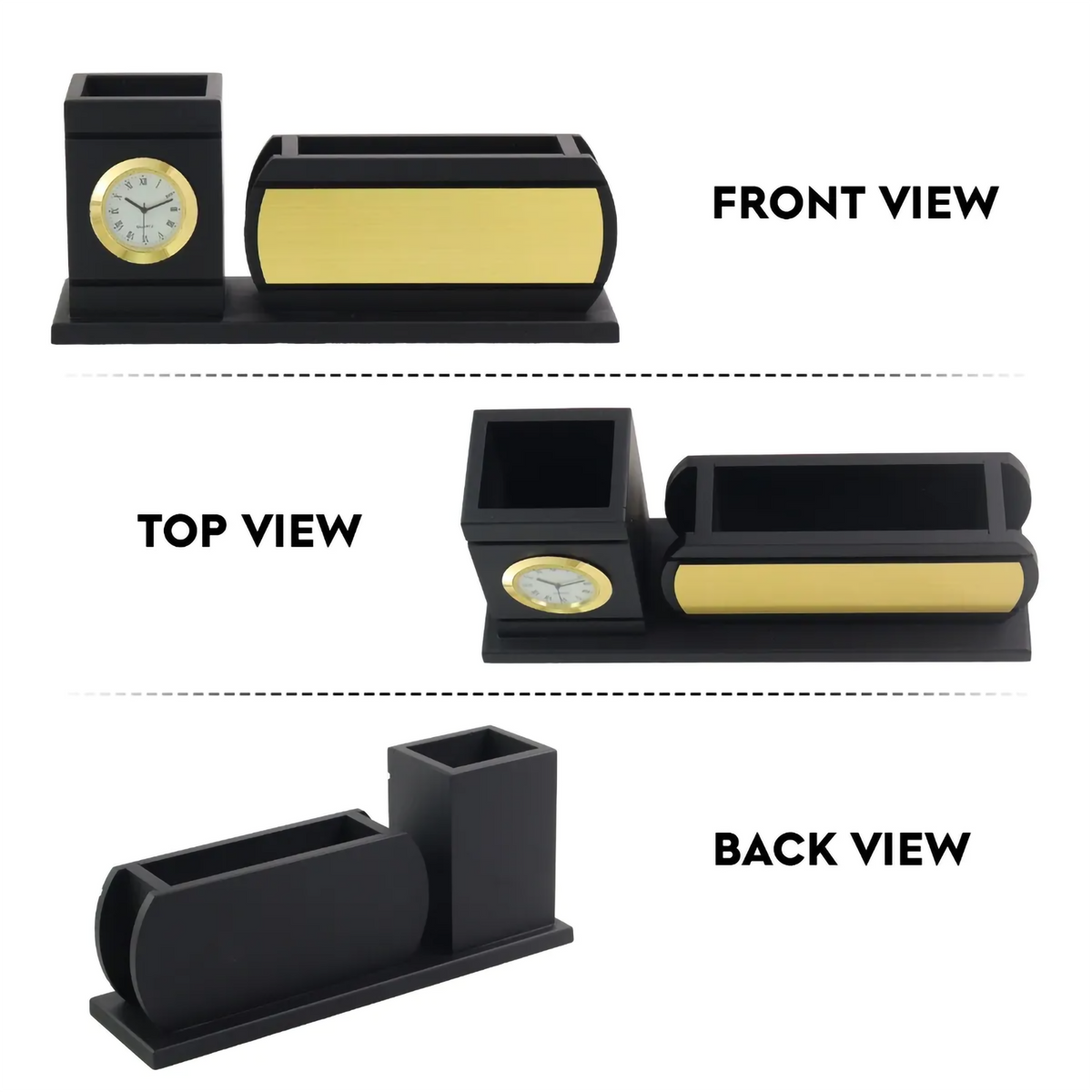 Personalized Curved-Front Black & Gold Wooden Desk Organizer with Analog Clock & Pen Holder