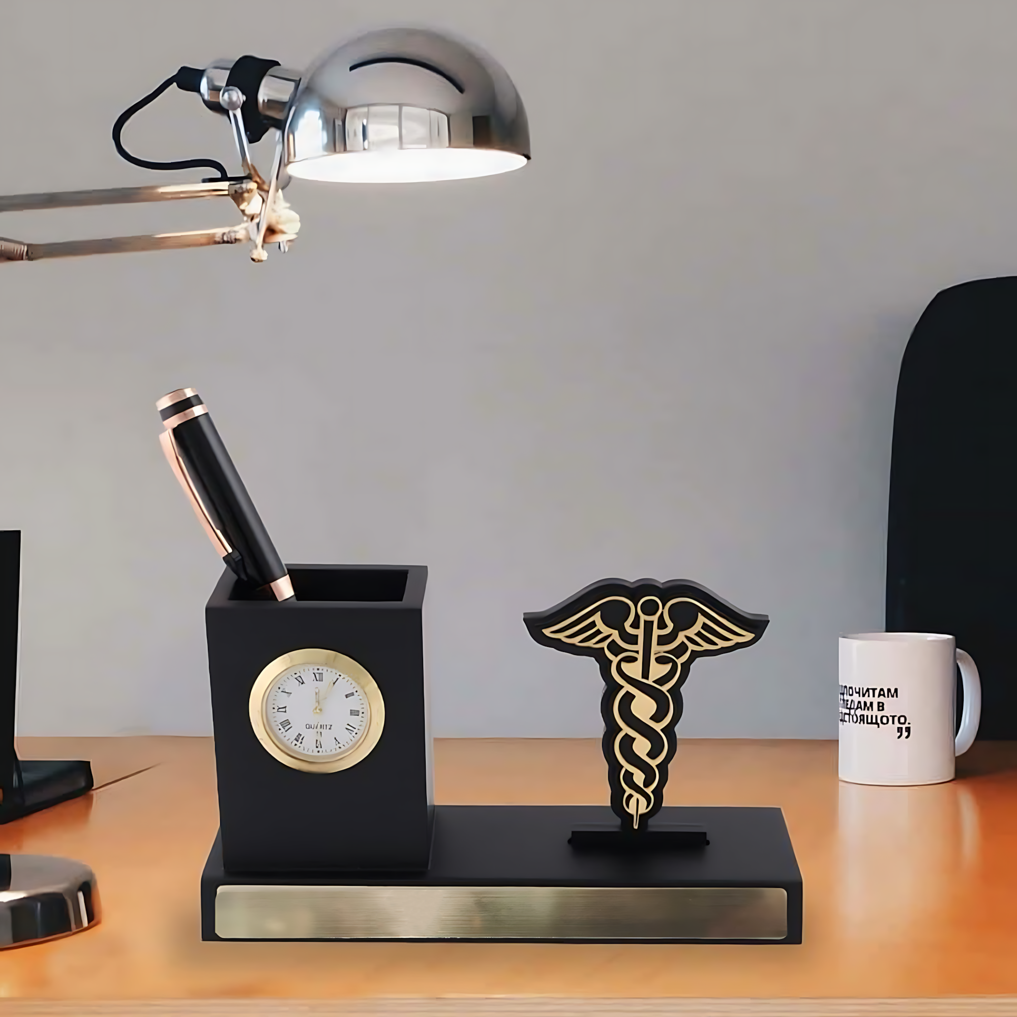 Personalized Doctor Desk Organizer with Clock & Pen Stand | Corporate Gift