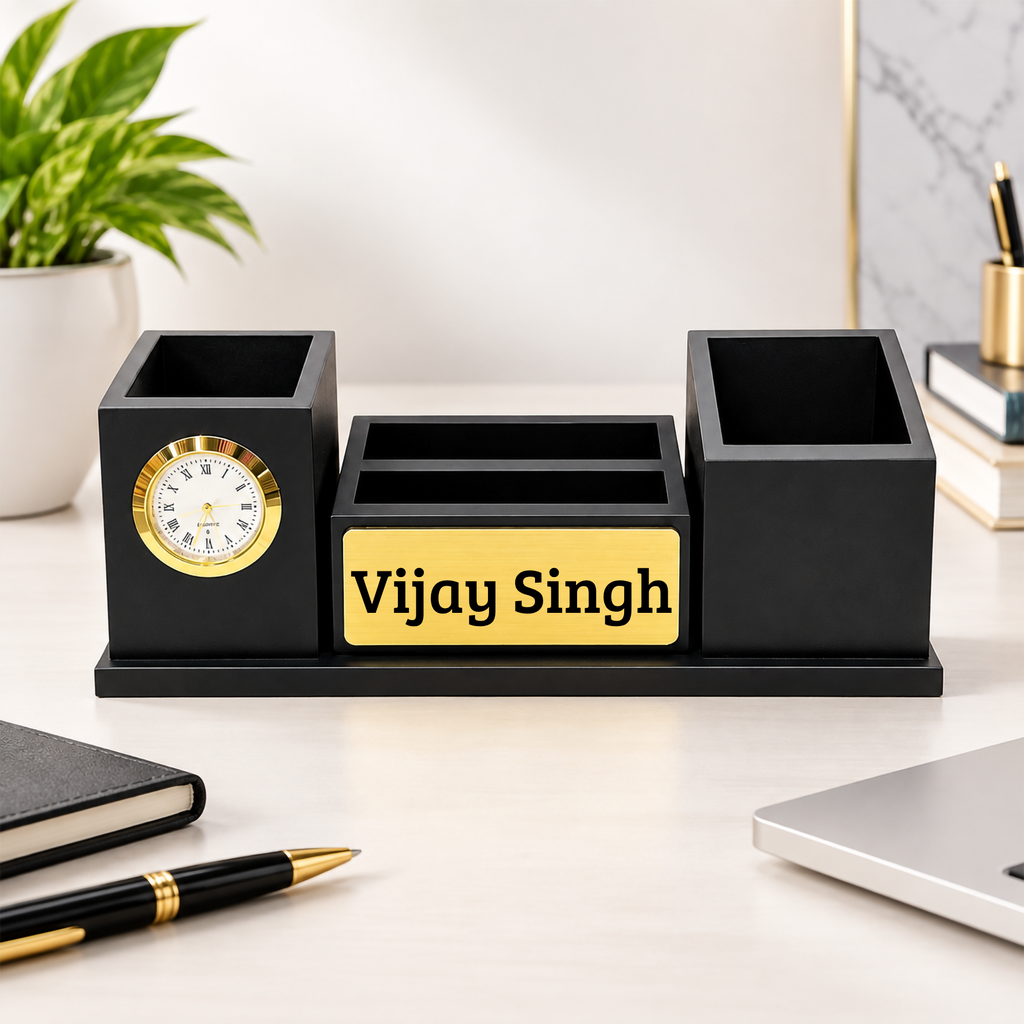 Black & Gold Wooden Desk Organizer with Analog Clock & Multiple Compartments