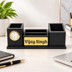 Black & Gold Wooden Desk Organizer with Analog Clock & Multiple Compartments