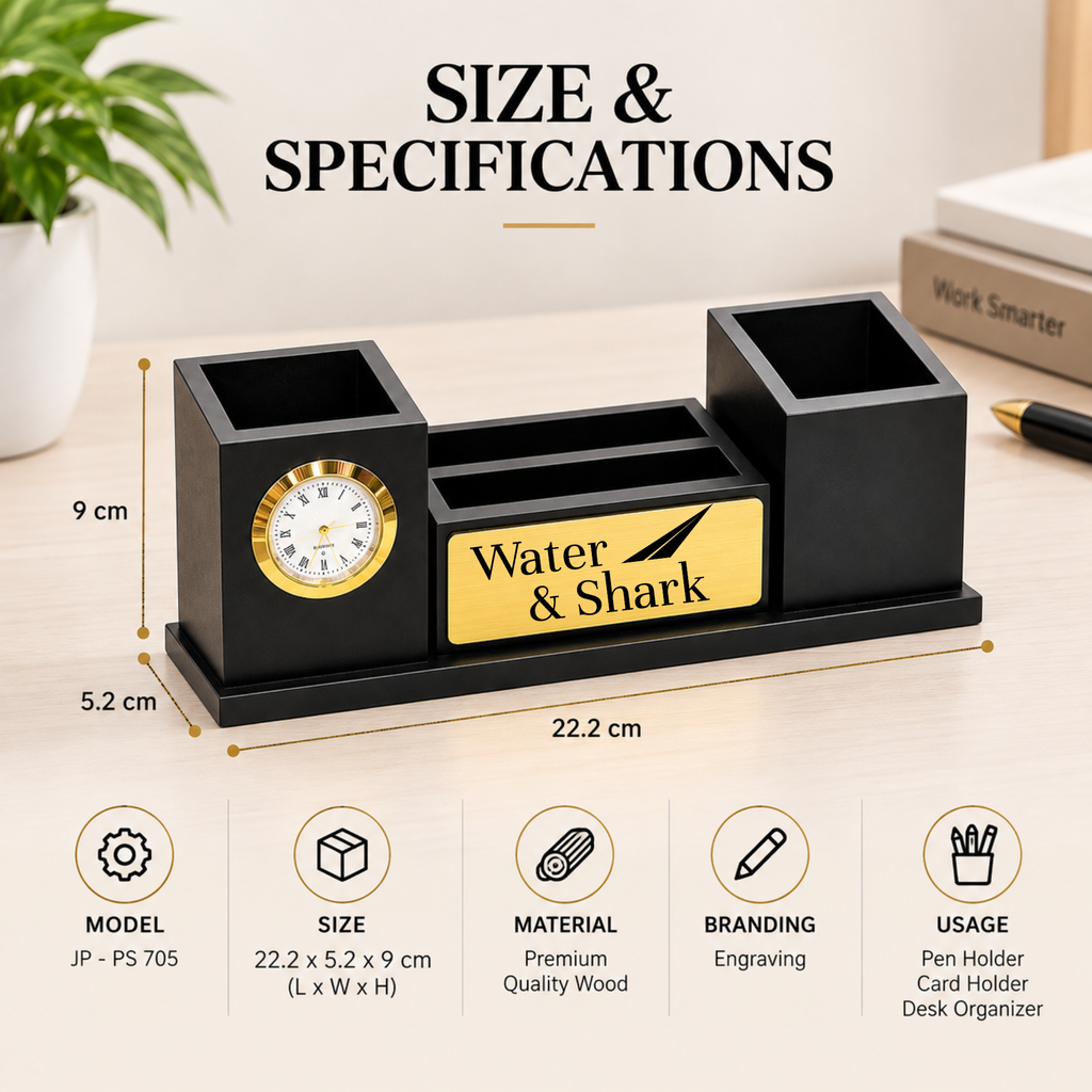 Black & Gold Wooden Desk Organizer with Analog Clock & Multiple Compartments