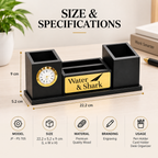 Black & Gold Wooden Desk Organizer with Analog Clock & Multiple Compartments