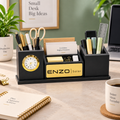Black & Gold Wooden Desk Organizer with Analog Clock & Multiple Compartments