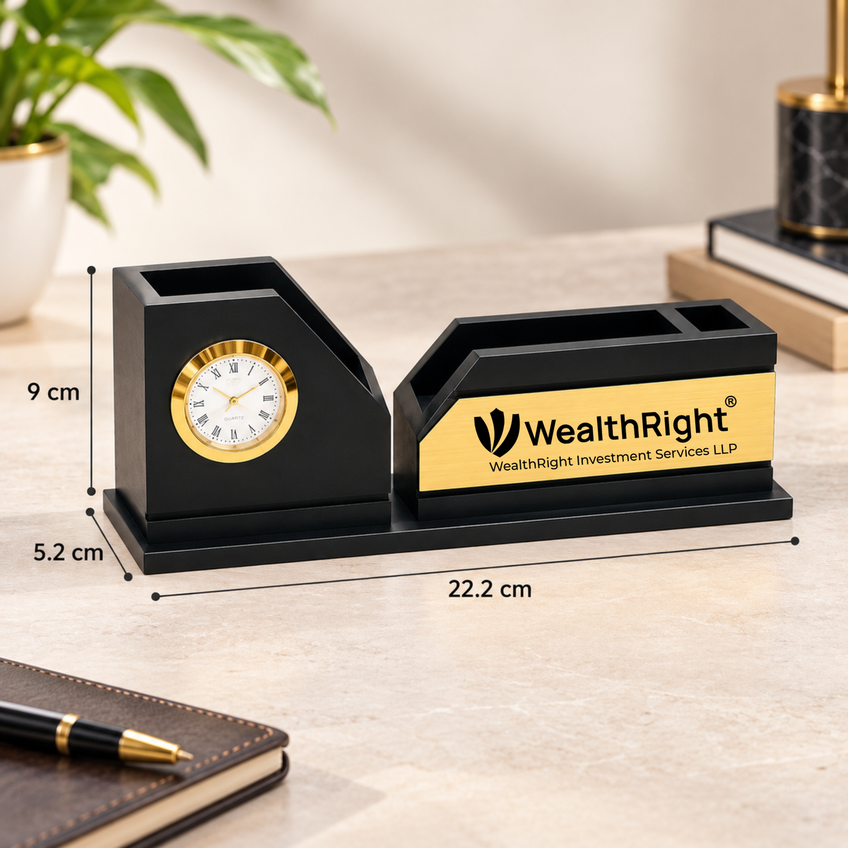 RegalChron Black & Gold Wooden Desk Organizer with Clock