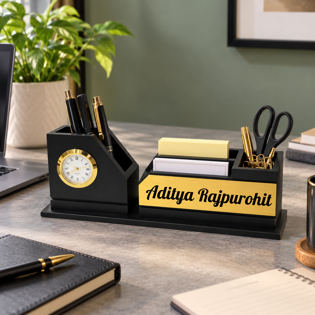 RegalChron Black & Gold Wooden Desk Organizer with Clock