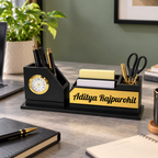 RegalChron Black & Gold Wooden Desk Organizer with Clock