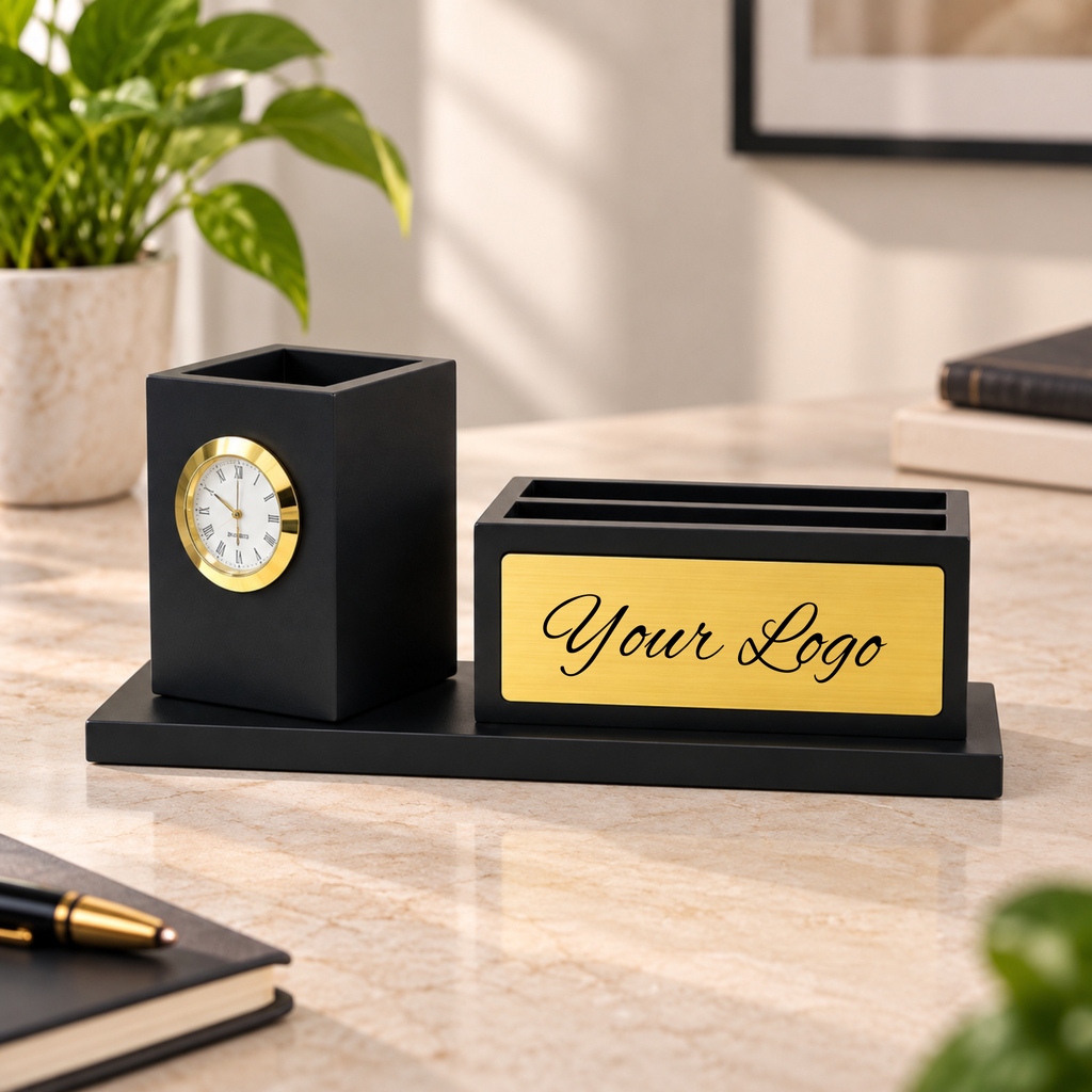 360° Rotating Wooden Desk Organizer with Analog Clock & Pen Stand