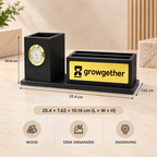 360° Rotating Wooden Desk Organizer with Analog Clock & Pen Stand