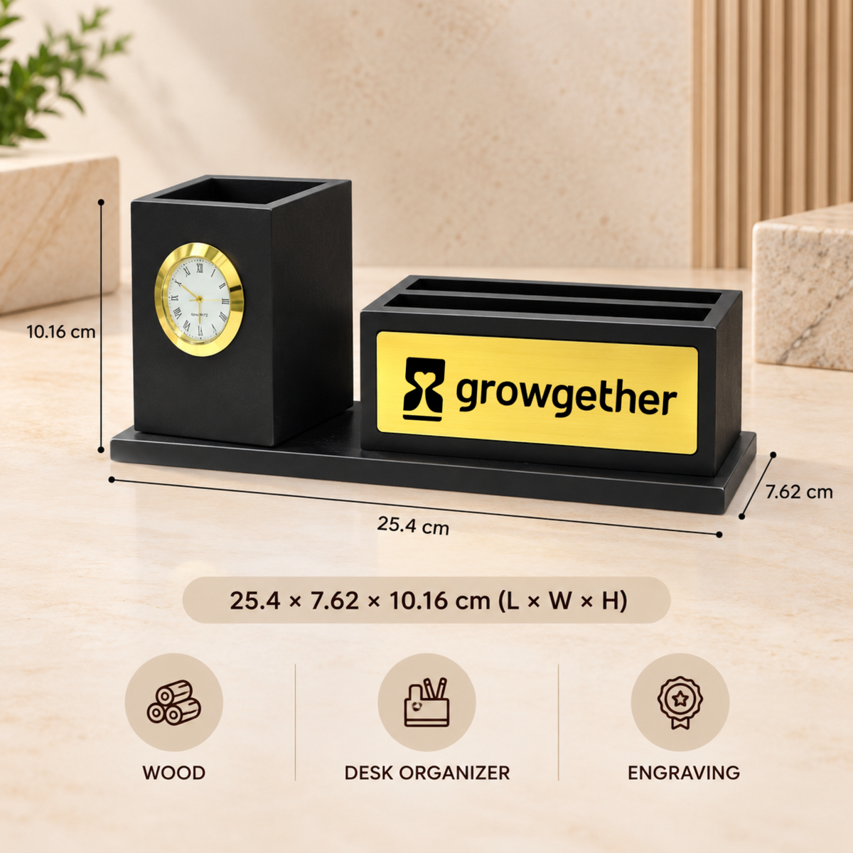 360° Rotating Wooden Desk Organizer with Analog Clock & Pen Stand