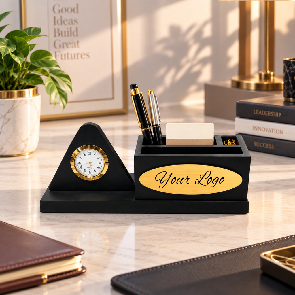 Premium Wooden Desk Organizer with Table Clock & Pen Holder