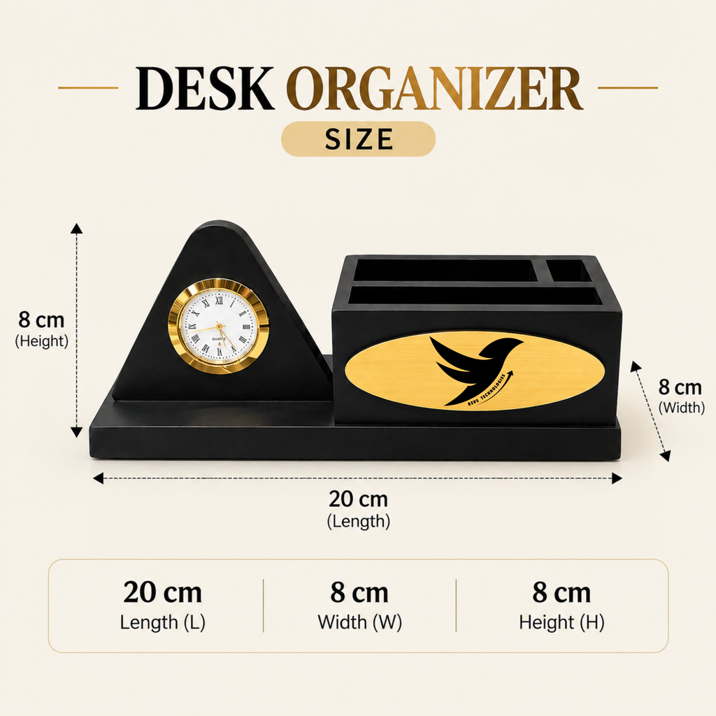 Premium Wooden Desk Organizer with Table Clock & Pen Holder
