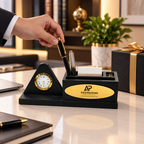 Premium Wooden Desk Organizer with Table Clock & Pen Holder